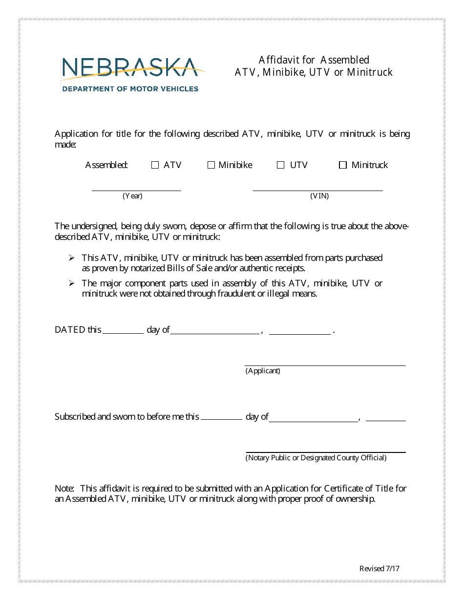 Affidavit for Assembled Atv, Minibike, Utv or Minitruck - Nebraska, Page 1