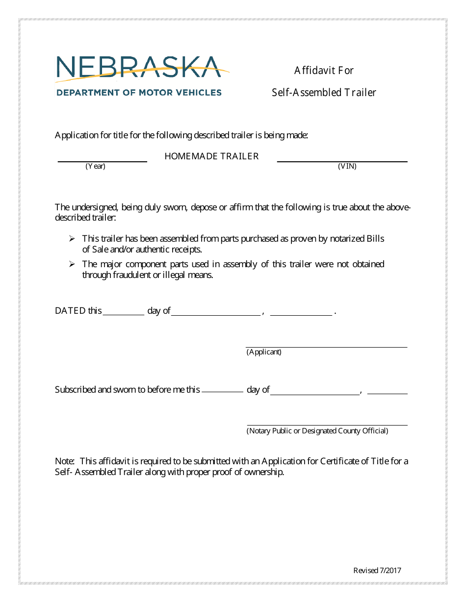 Nebraska Affidavit for Self-assembled Trailer - Fill Out, Sign Online ...