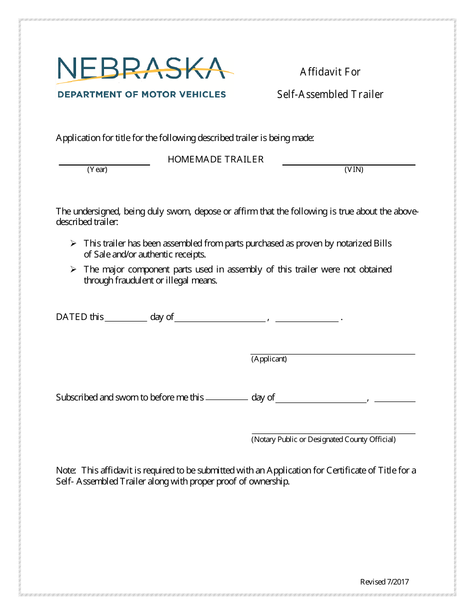 Affidavit for Self-assembled Trailer - Nebraska, Page 1