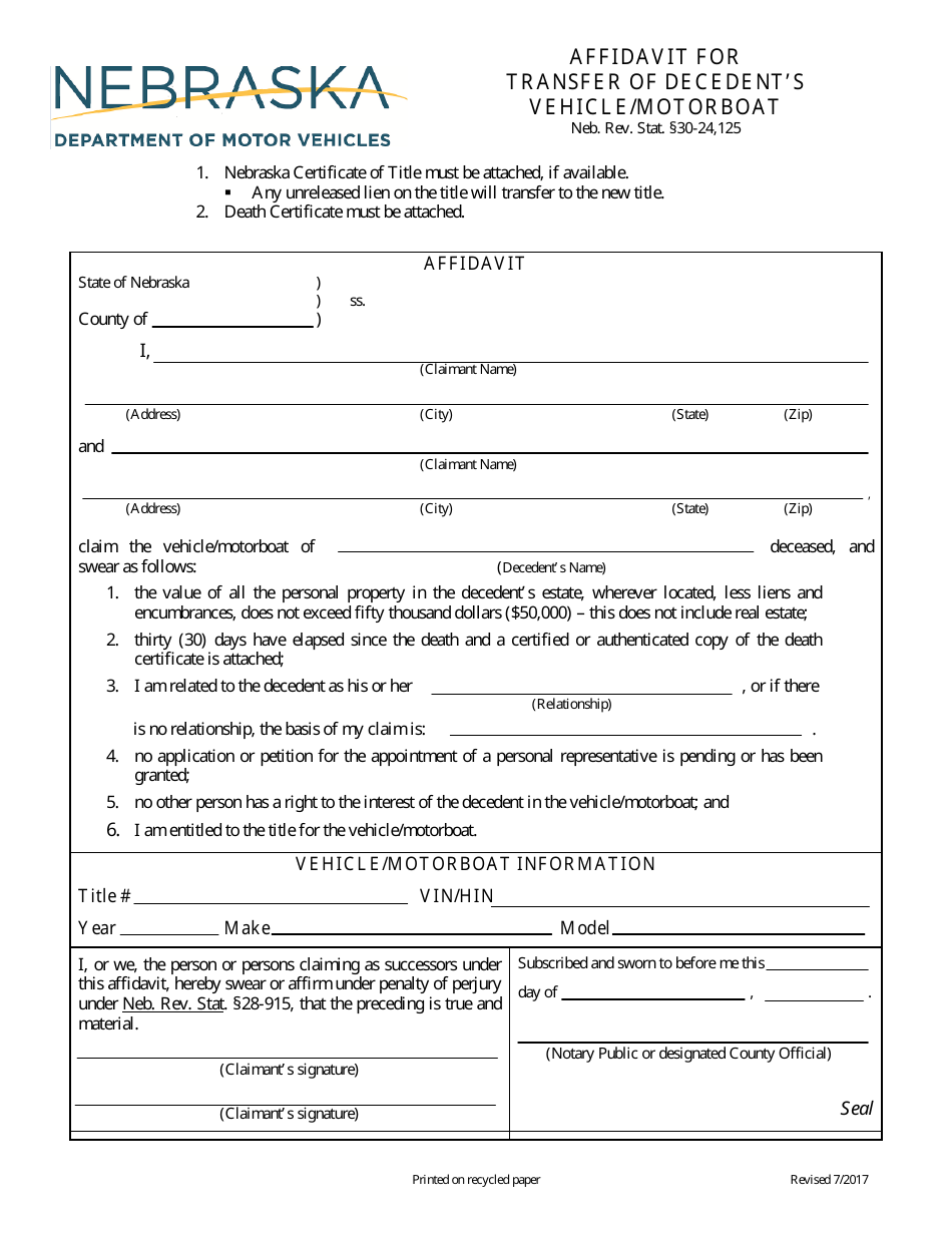 Affidavit for Transfer of Decedents Vehicle / Motorboat - Nebraska, Page 1