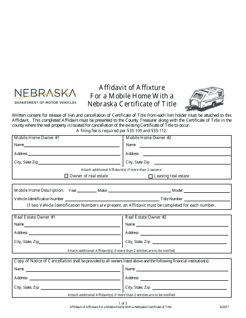 Affidavit of Affixture for a Mobile Home With a Nebraska Certificate of Title - Nebraska Download Pdf