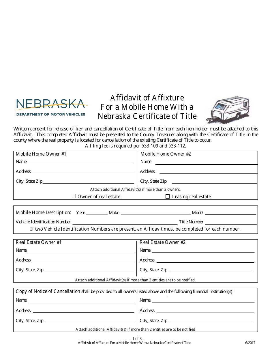 Affidavit of Affixture for a Mobile Home With a Nebraska Certificate of Title - Nebraska, Page 1