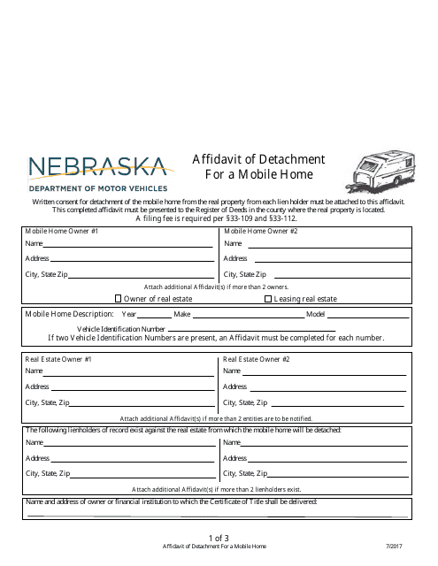 Affidavit of Detachment for a Mobile Home - Nebraska Download Pdf