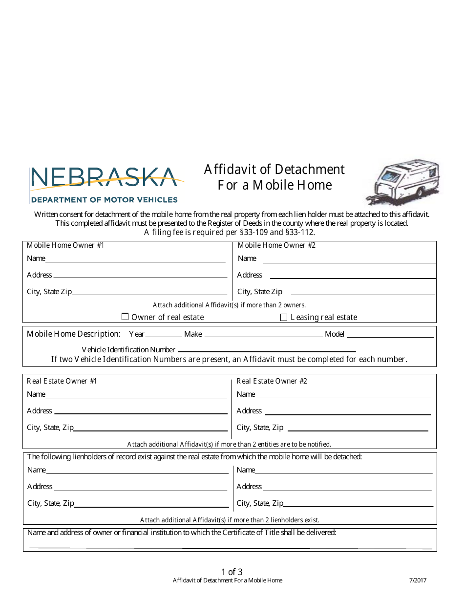 Affidavit of Detachment for a Mobile Home - Nebraska, Page 1
