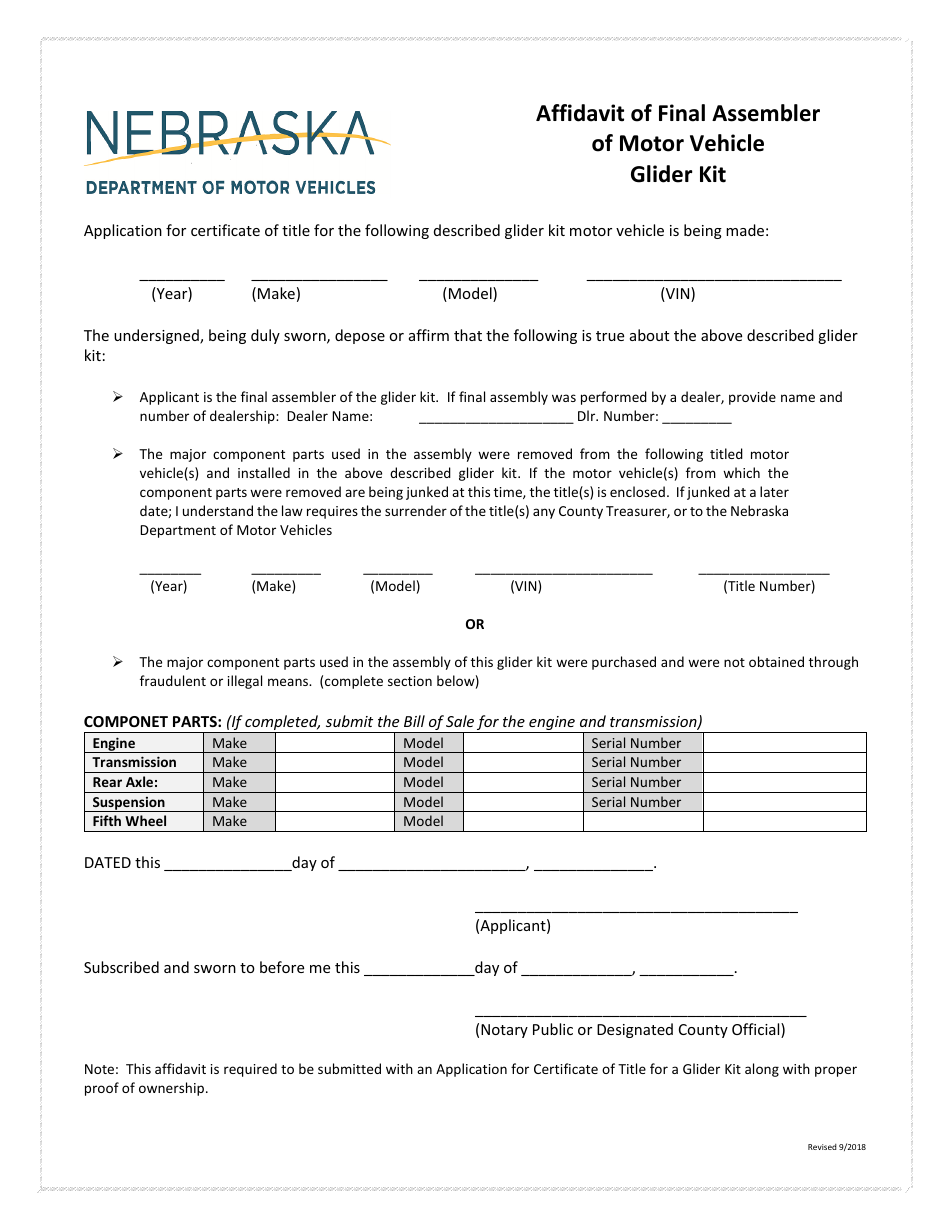 Nebraska Affidavit of Final Assembler of Motor Vehicle Glider Kit ...