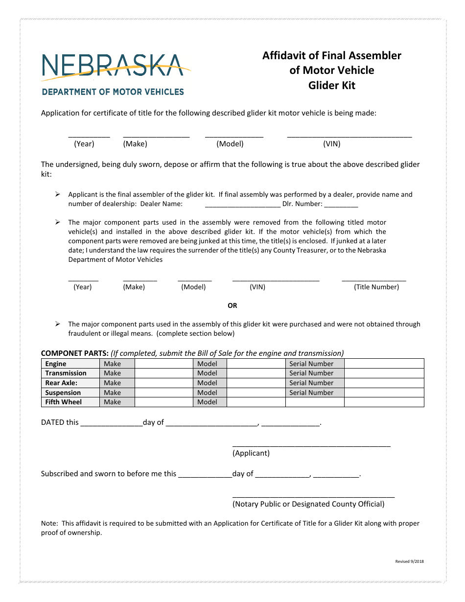 Affidavit of Final Assembler of Motor Vehicle Glider Kit - Nebraska, Page 1