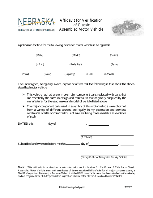 Affidavit for Verification of Classic Assembled Motor Vehicle - Nebraska Download Pdf