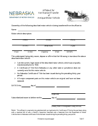 Document preview: Affidavit for Verification/Transfer of Antique Motor Vehicle - Nebraska