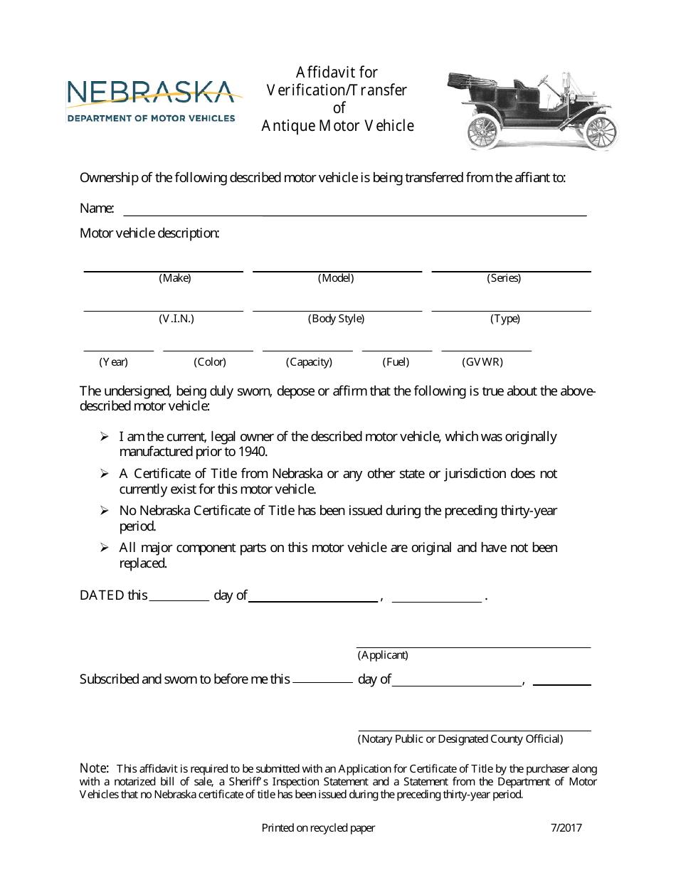Nebraska Affidavit for Verification/Transfer of Antique Motor Vehicle
