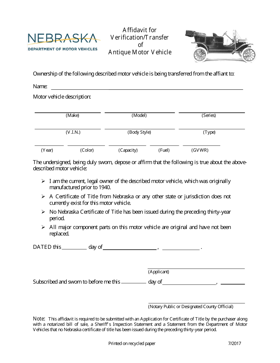 Affidavit for Verification / Transfer of Antique Motor Vehicle - Nebraska, Page 1