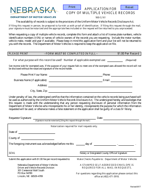 Application for Copy of Multiple Vehicle Records - Nebraska Download Pdf