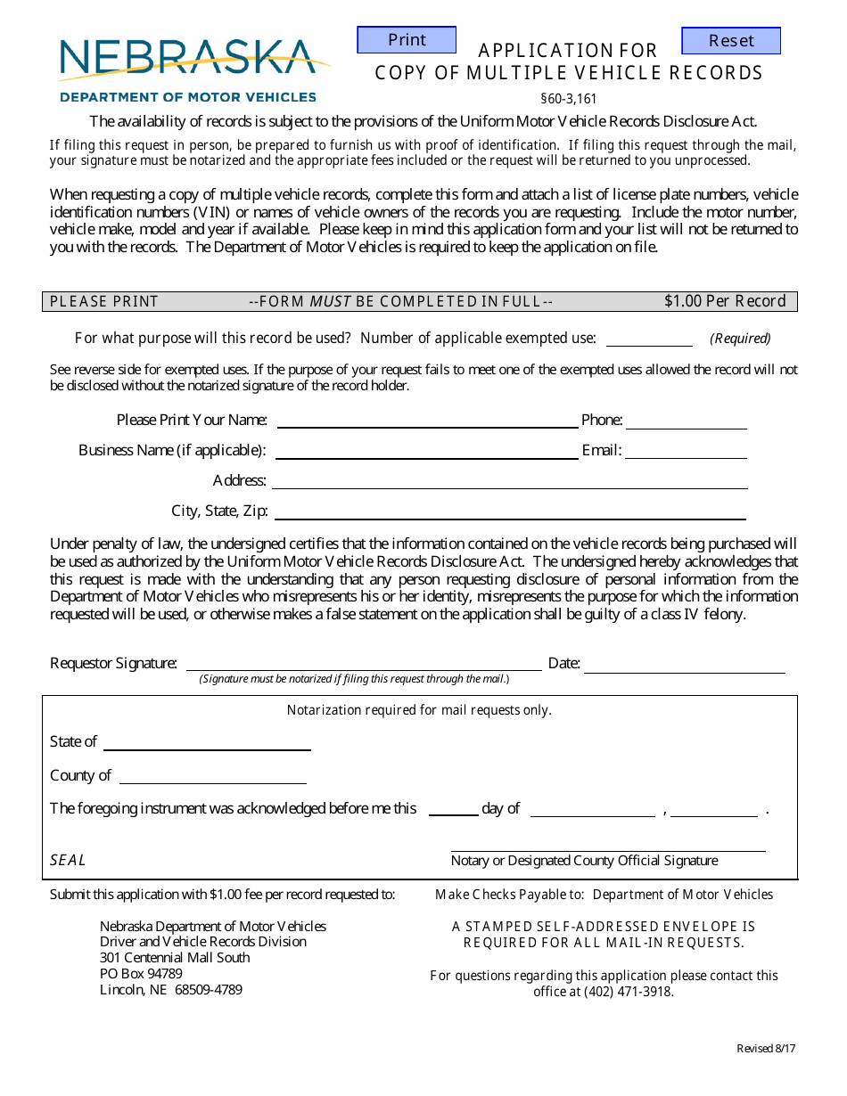 Application for Copy of Multiple Vehicle Records - Nebraska, Page 1