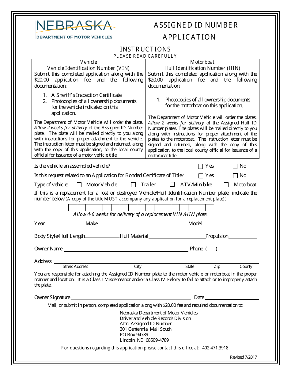 Assigned Id Number Application Form - Nebraska, Page 1