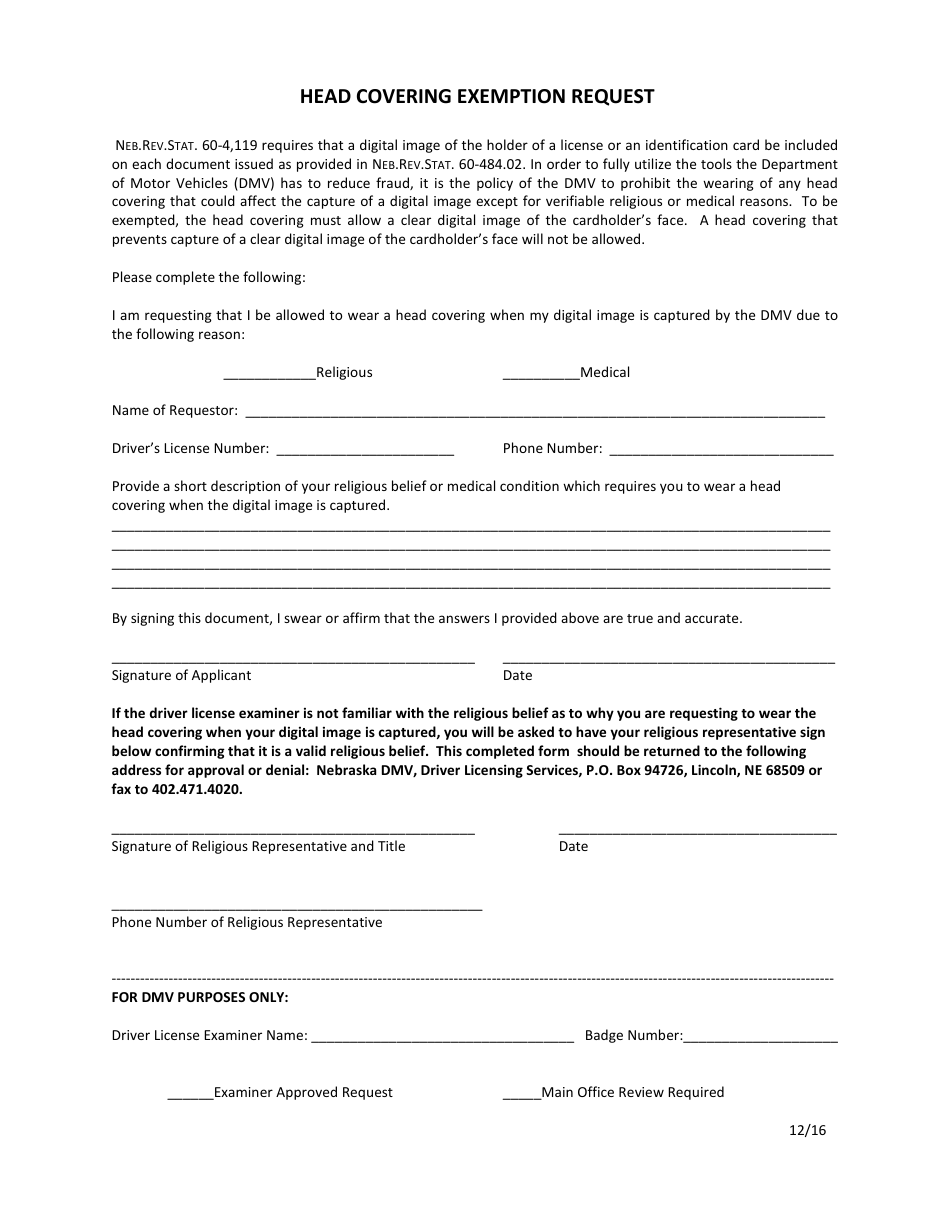 Head Covering Exemption Request Form - Nebraska, Page 1