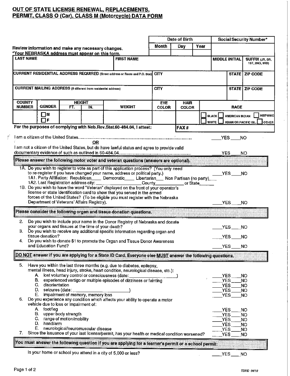 Out of State License Renewal, Replacements, Permit, Class O (Car), Class M (Motorcycle) Data Form - Nebraska, Page 1