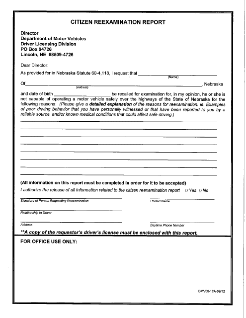 Form DMV06-12A Citizen Reexamination Report - Nebraska