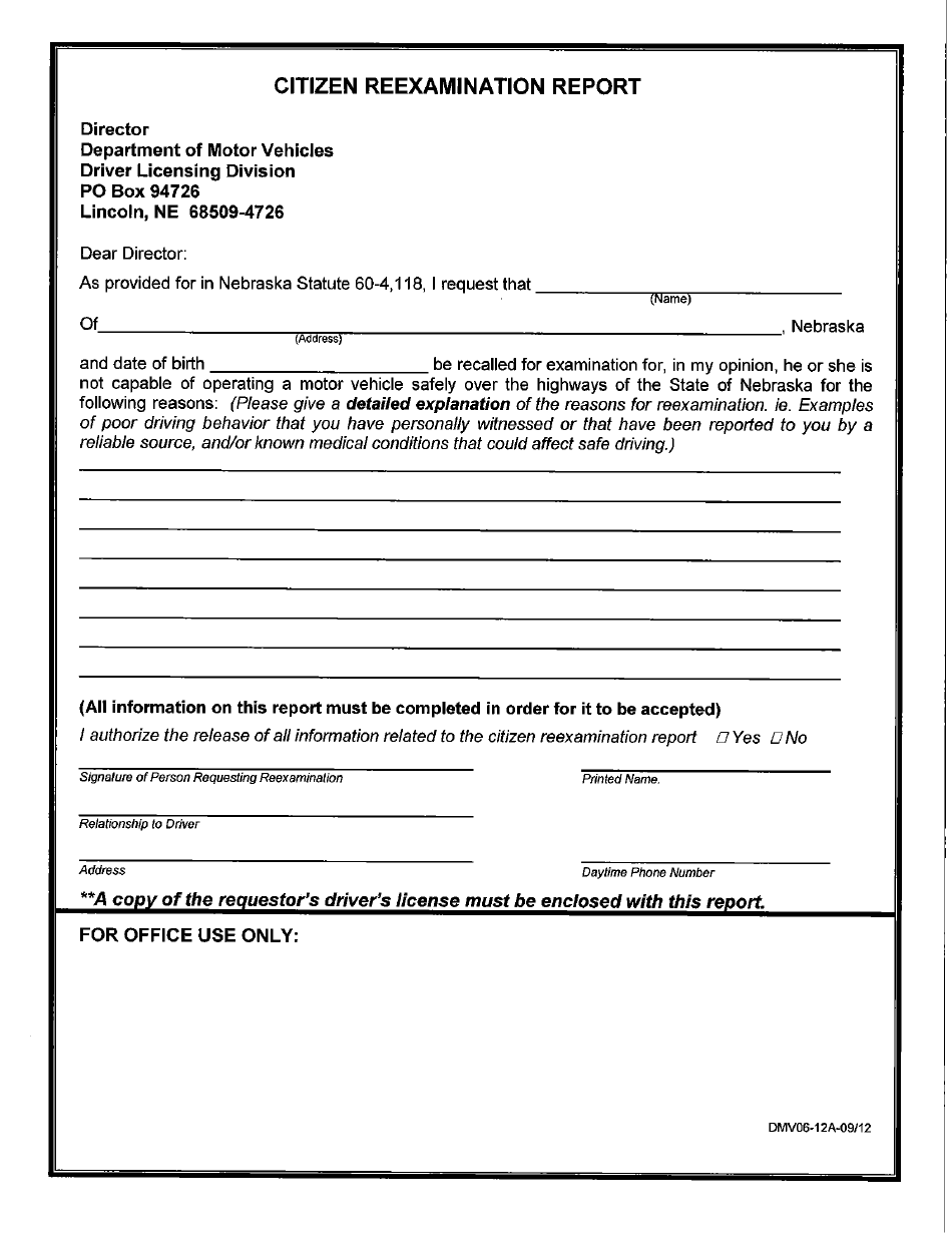 Form DMV06-12A Citizen Reexamination Report - Nebraska, Page 1
