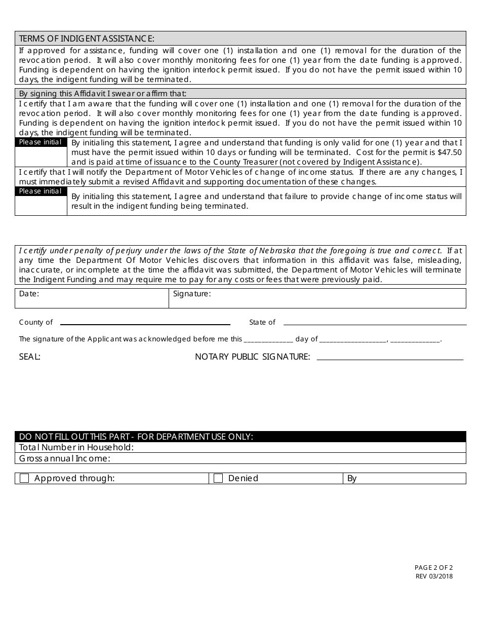 Affidavit Annual Indigent Interlock Fee Payment Application - Nebraska, Page 2