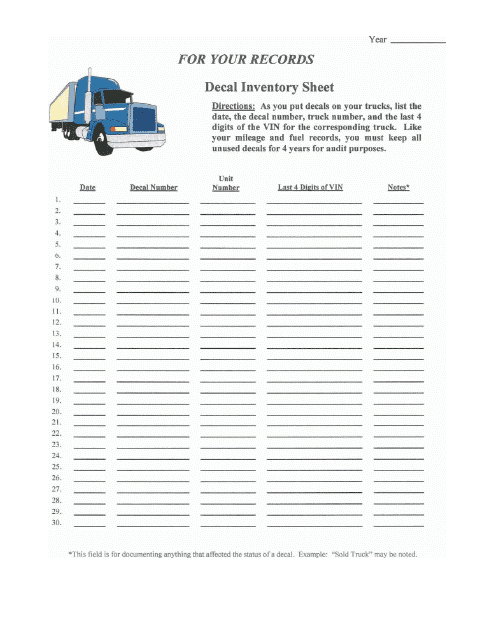 Decal Inventory Sheet - Nebraska Download Pdf