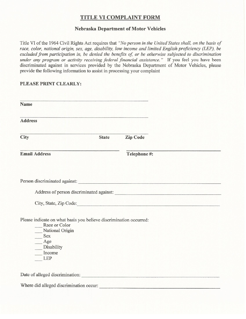 Title VI Complaint Form - Nebraska, Page 1