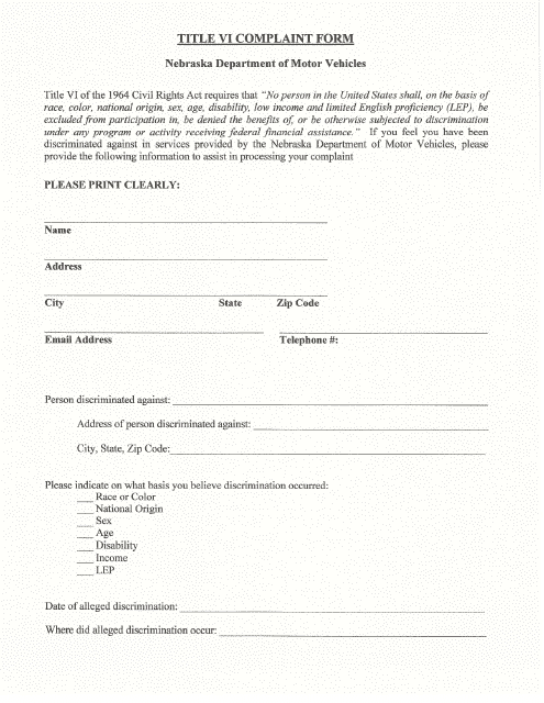 Title VI Complaint Form - Nebraska