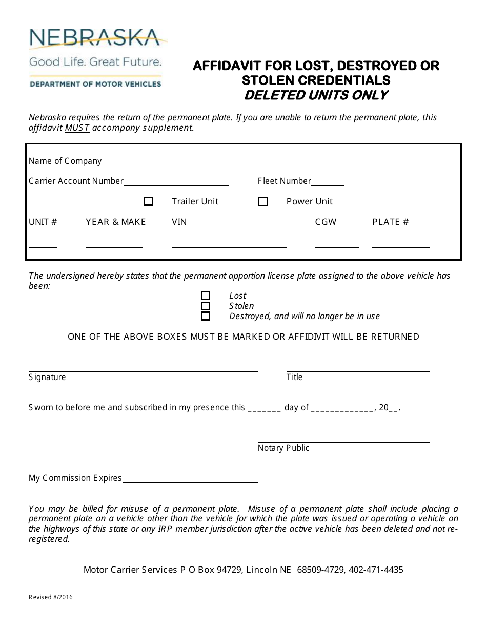 Affidavit for Lost, Destroyed or Stolen Credentials - Nebraska, Page 1