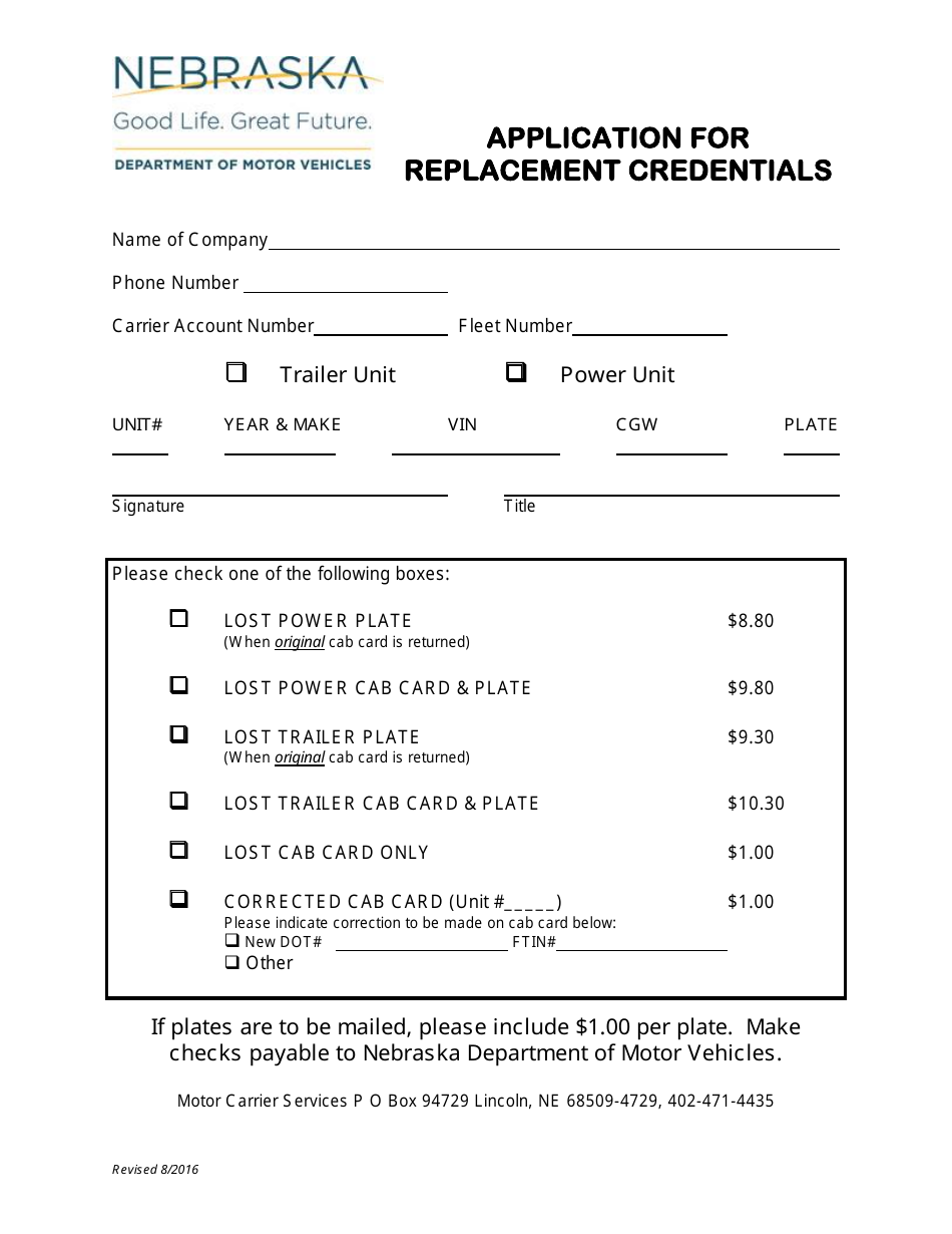 Application for Replacement Credentials - Nebraska, Page 1