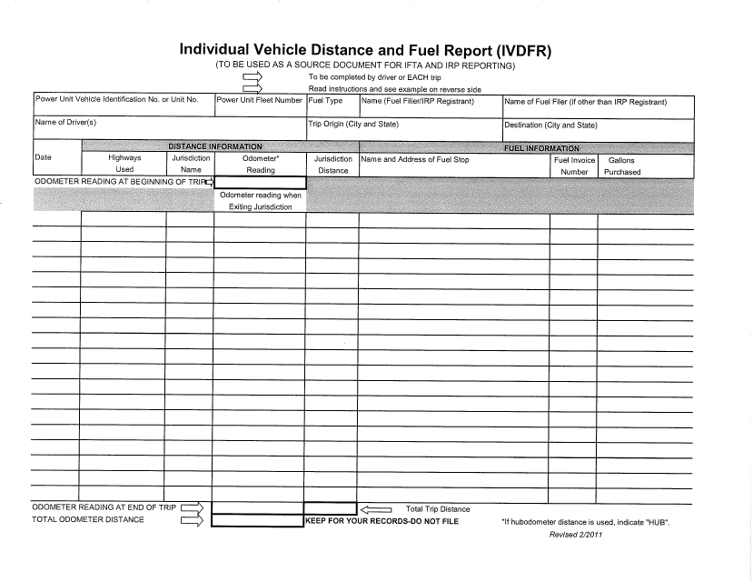 Individual Vehicle Distance and Fuel Report (Ivdfr) Form - Nebraska