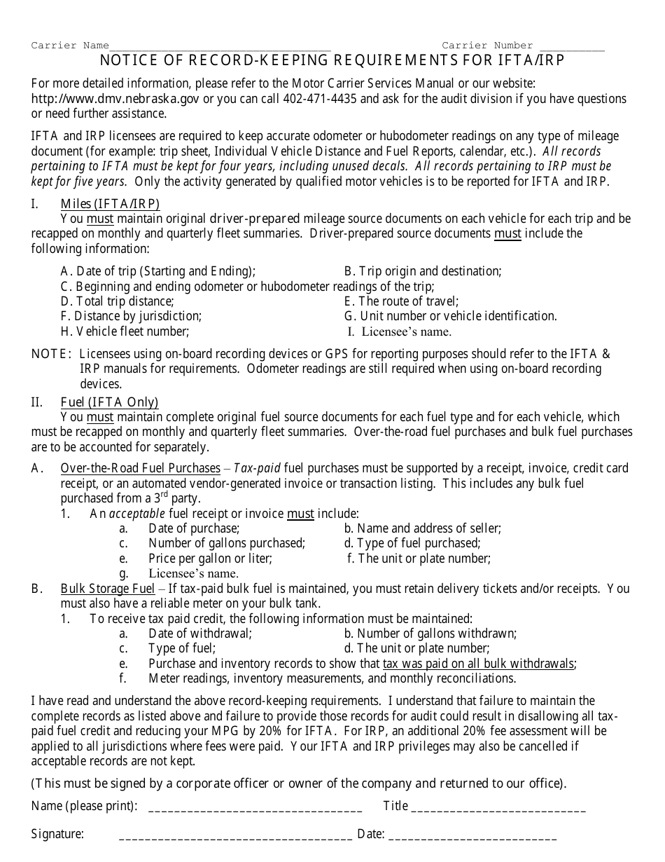 Notice of Record-Keeping Requirements for Ifta / Irp Form - Nebraska, Page 1