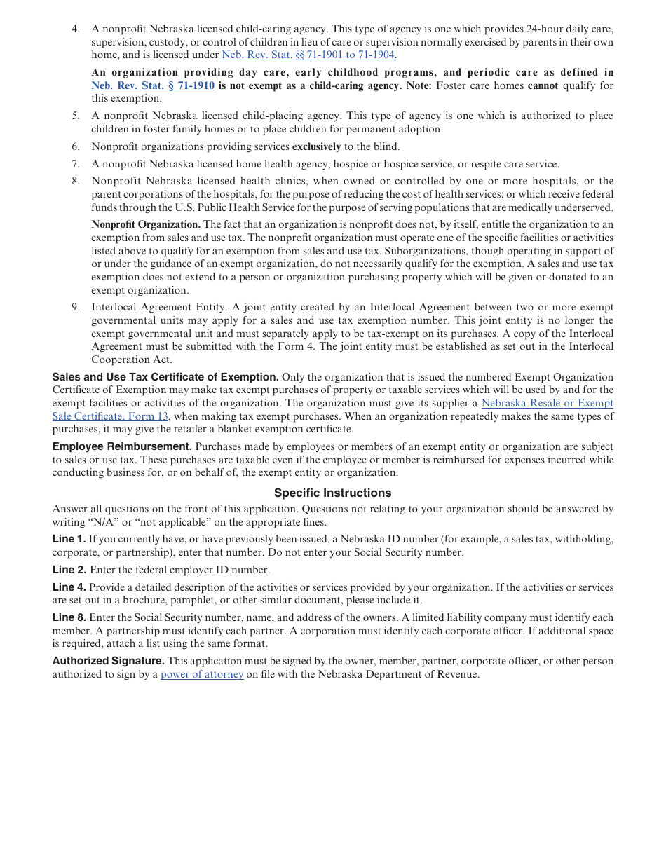 Form 4 Nebraska Exemption Application for Sales and Use Tax - Nebraska, Page 3