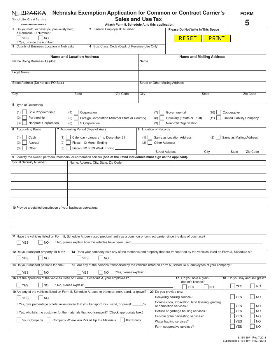 Form 5 Nebraska Exemption Application for Common or Contract Carriers Sales and Use Tax - Nebraska, Page 1