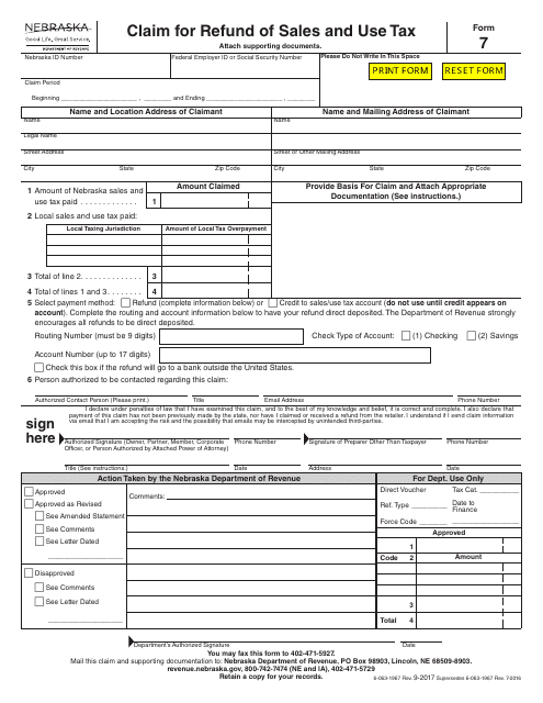 Form 7 Claim for Refund of Sales and Use Tax - Nebraska