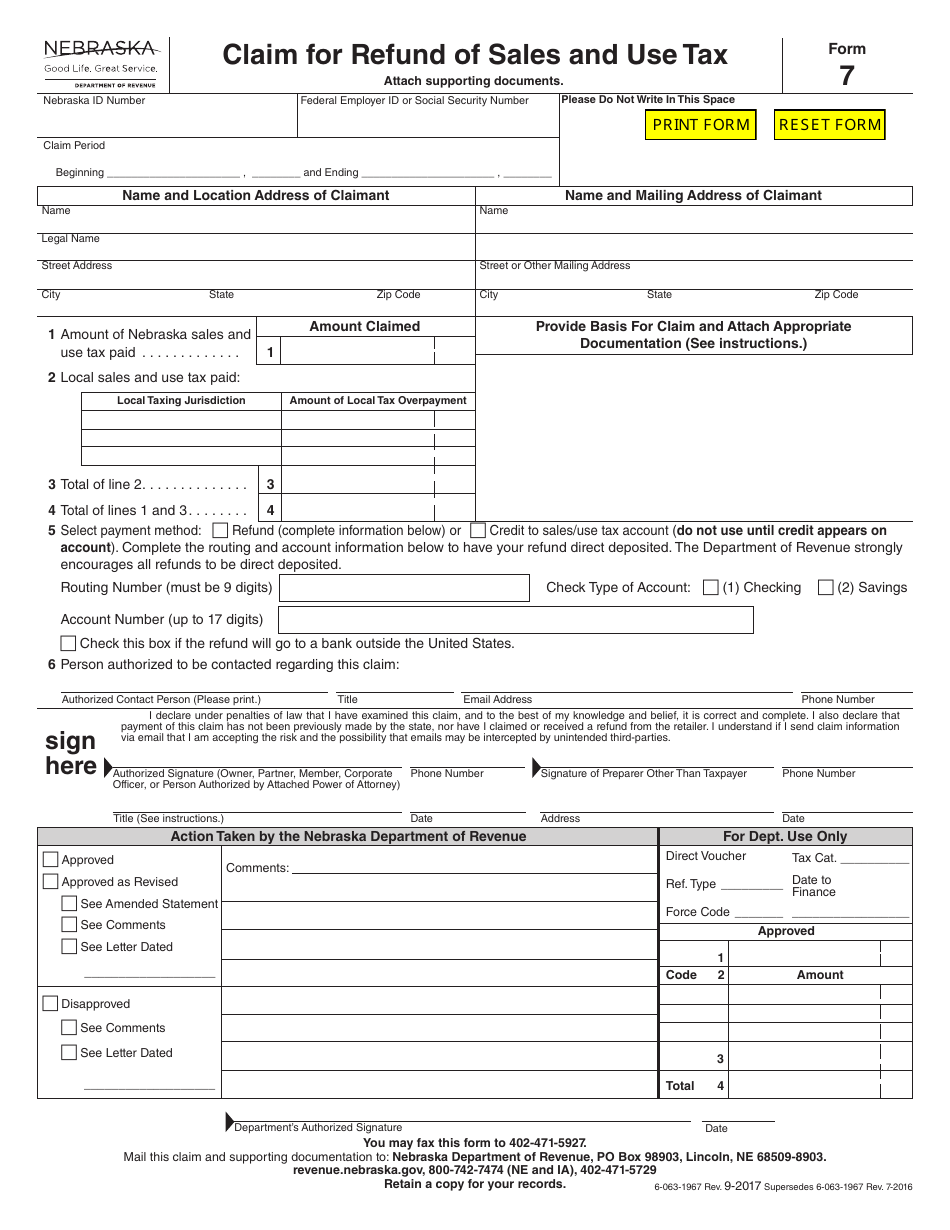 Form 7 Claim for Refund of Sales and Use Tax - Nebraska, Page 1