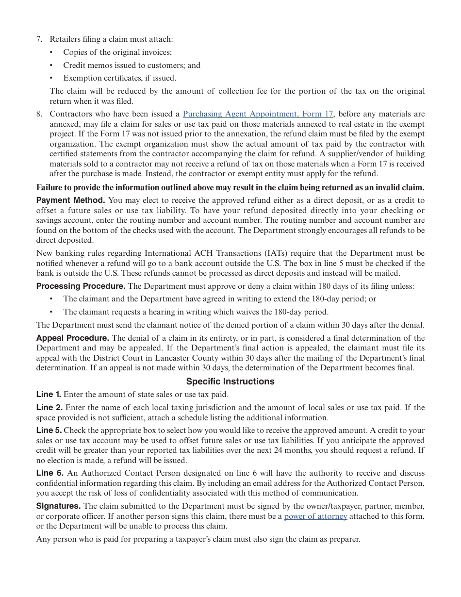 Form 7 Claim for Refund of Sales and Use Tax - Nebraska, Page 3