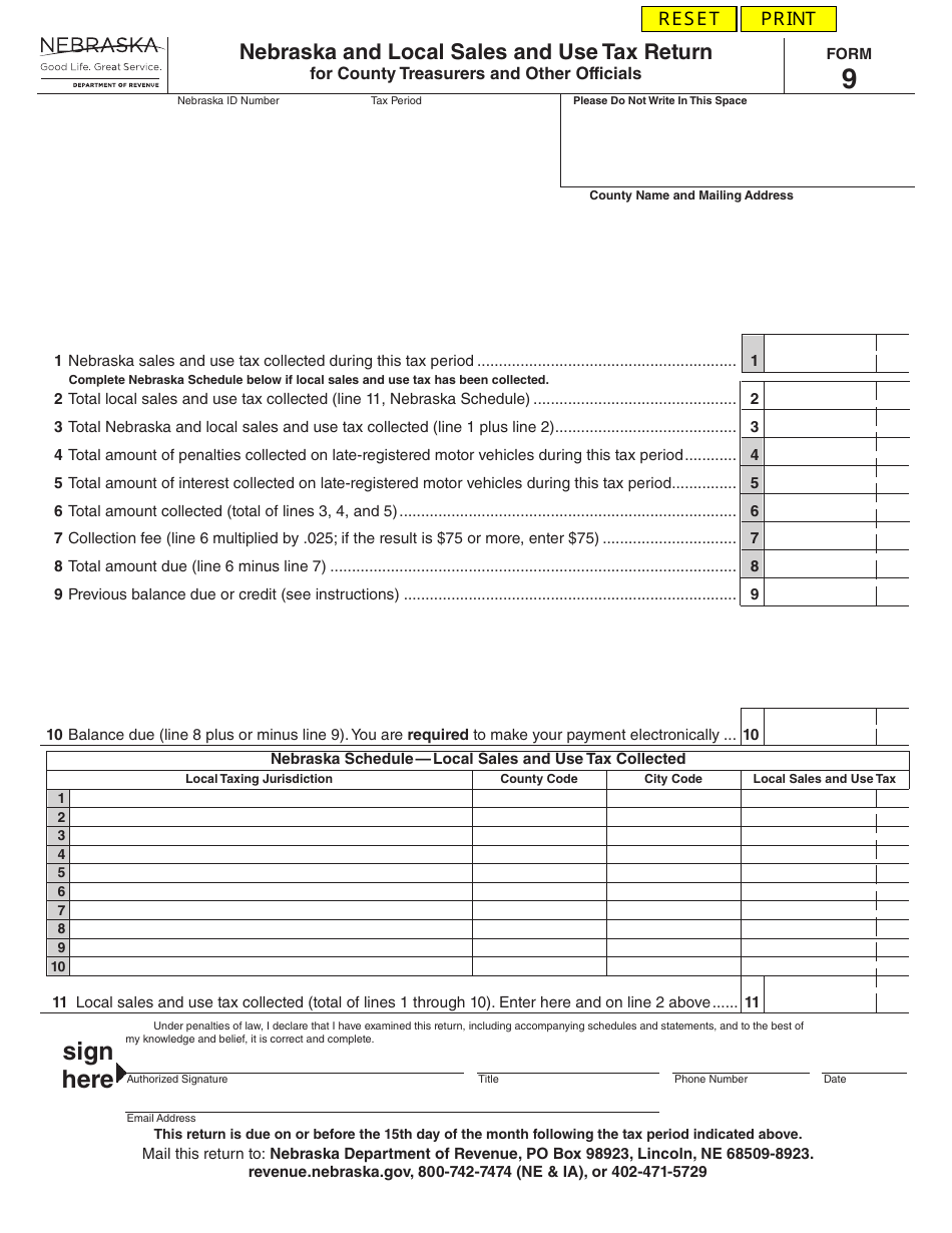 Form 9 Nebraska and Local Sales and Use Tax Return for County Treasurers and Other Officials - Nebraska, Page 1