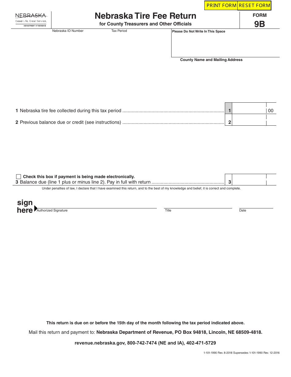 Form 9B Nebraska Tire Fee Return for County Treasurers and Other Officials - Nebraska, Page 1