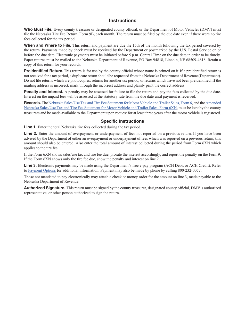Form 9B Nebraska Tire Fee Return for County Treasurers and Other Officials - Nebraska, Page 2