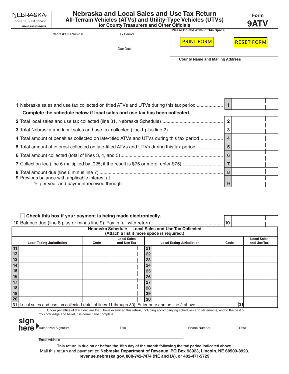 Form 9ATV Nebraska and Local Sales and Use Tax Return All-terrain Vehicles (Atvs) and Utility-type Vehicles (Utvs) - Nebraska, Page 1