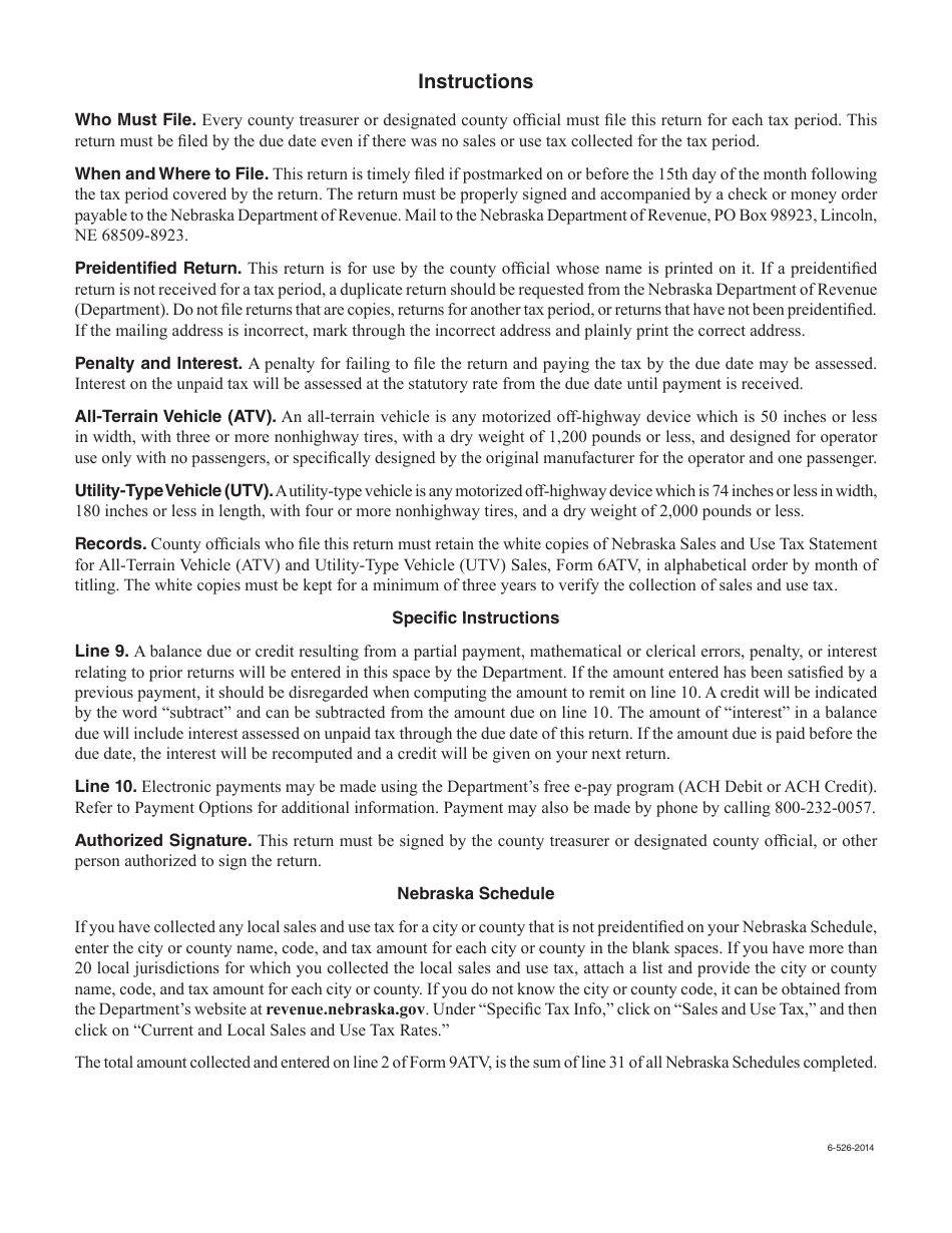 Form 9ATV Nebraska and Local Sales and Use Tax Return All-terrain Vehicles (Atvs) and Utility-type Vehicles (Utvs) - Nebraska, Page 2