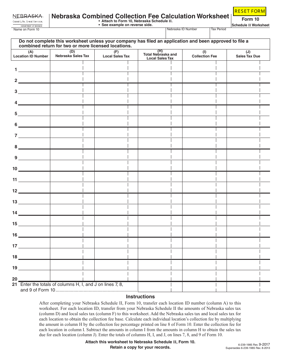 Form 10 Nebraska Combined Collection Fee Calculation Worksheet - Nebraska, Page 1