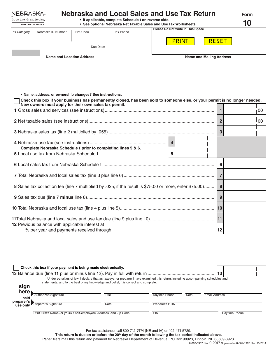 Form 10 Nebraska and Local Sales and Use Tax Return - Nebraska, Page 1
