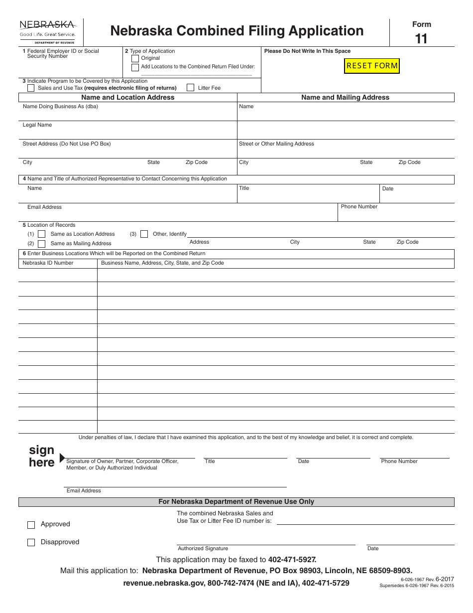 Form 11 Nebraska Combined Filing Application - Nebraska, Page 1