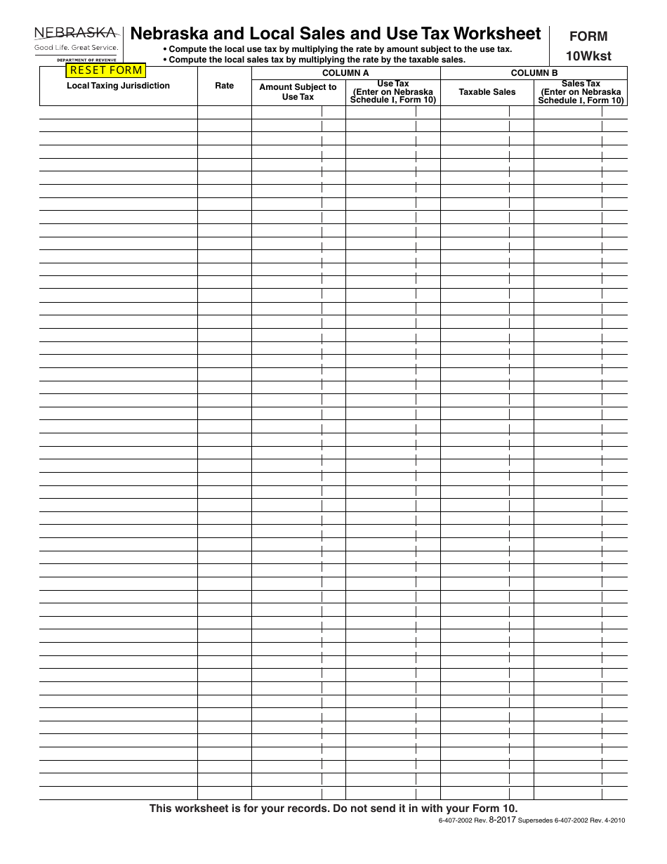 Form 10wkst Download Fillable Pdf Or Fill Online Nebraska And Local 