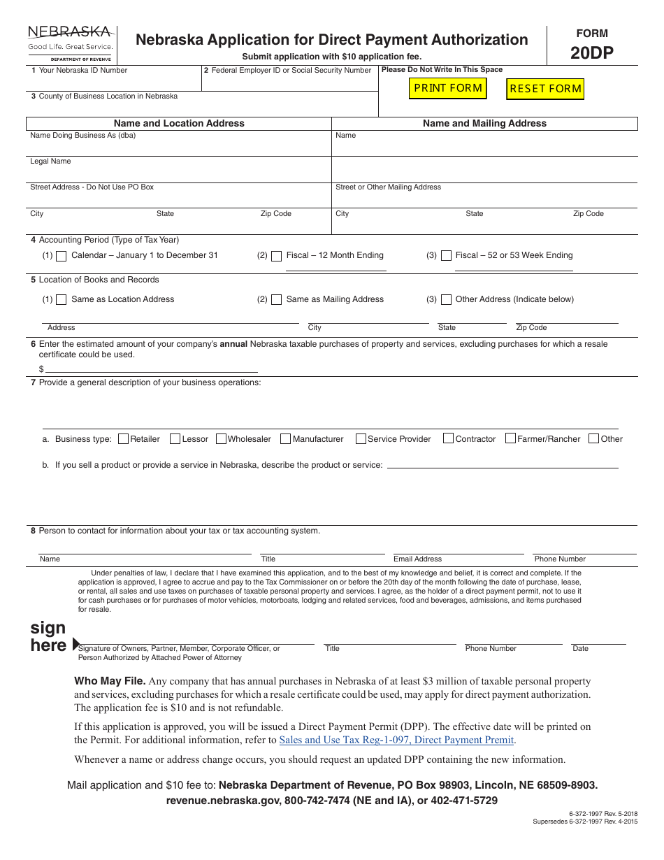 Form 20DP Nebraska Application for Direct Payment Authorization - Nebraska, Page 1