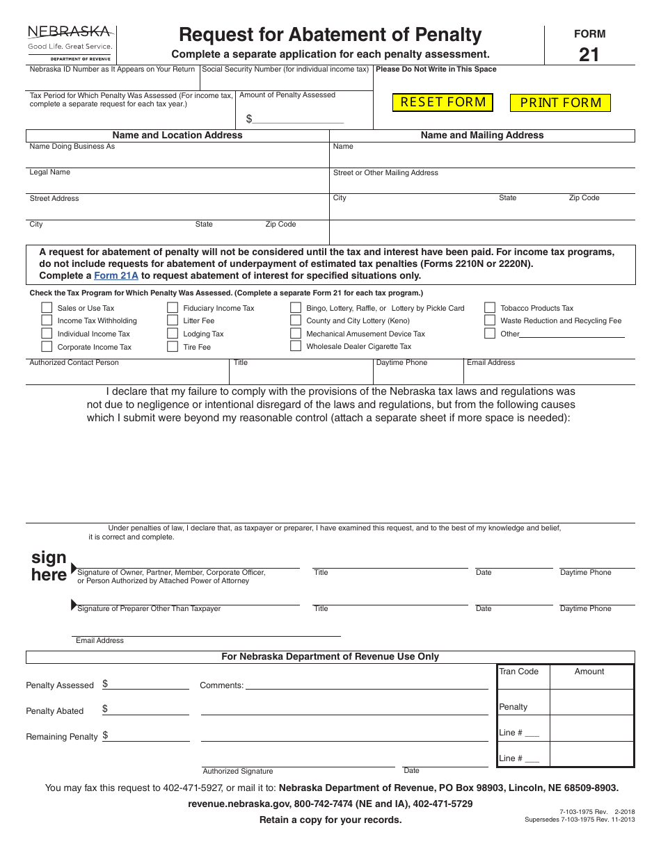 Form 21 Request for Abatement of Penalty - Nebraska, Page 1