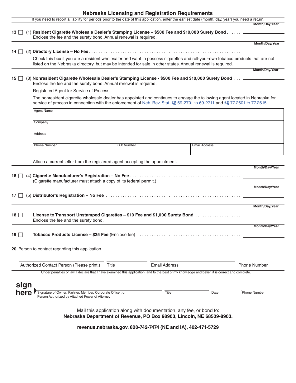 Form 20CT Nebraska Cigarette and Tobacco Products License and Registration Application - Nebraska, Page 2