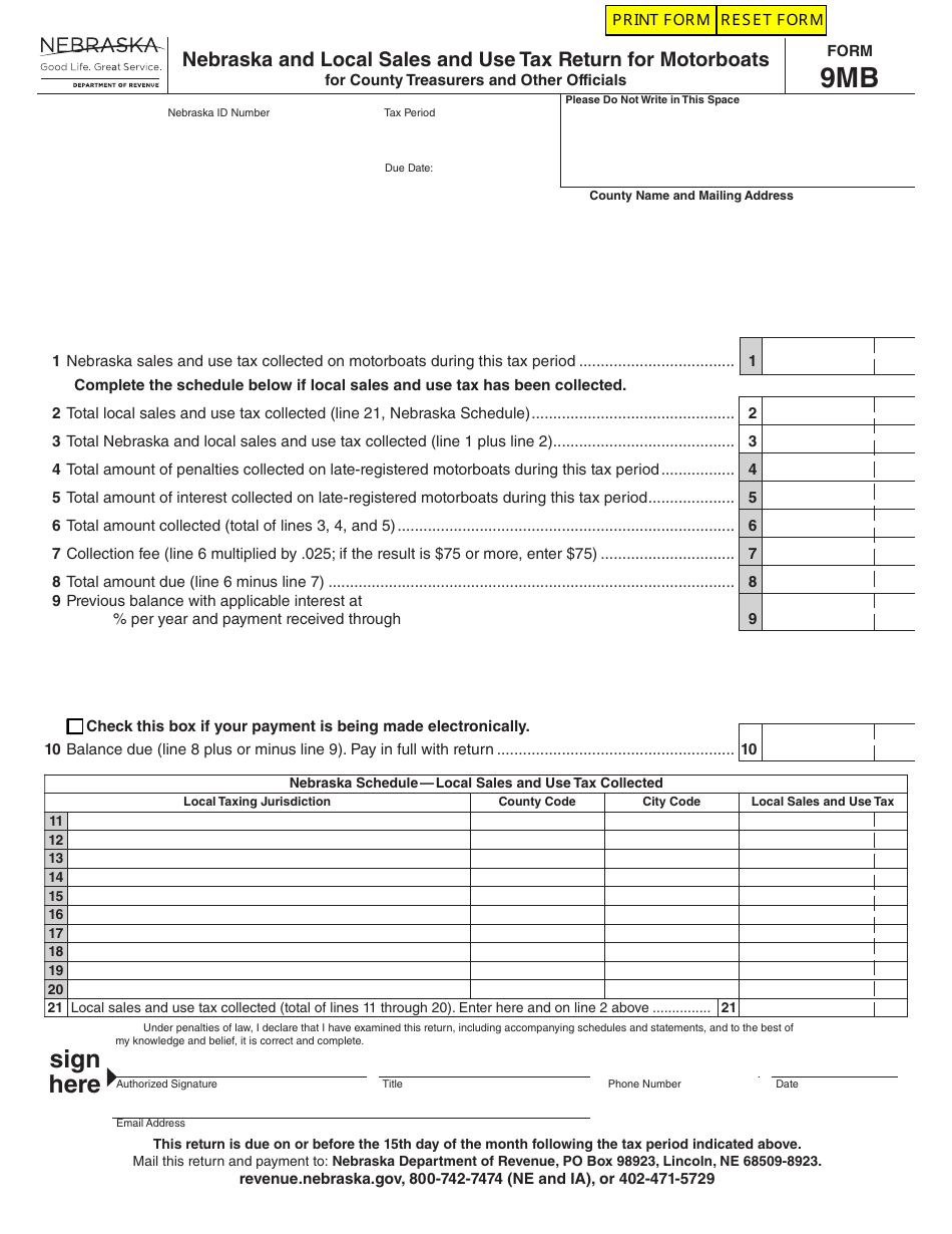 Form 9MB Nebraska and Local Sales and Use Tax Return for Motorboats - Nebraska, Page 1