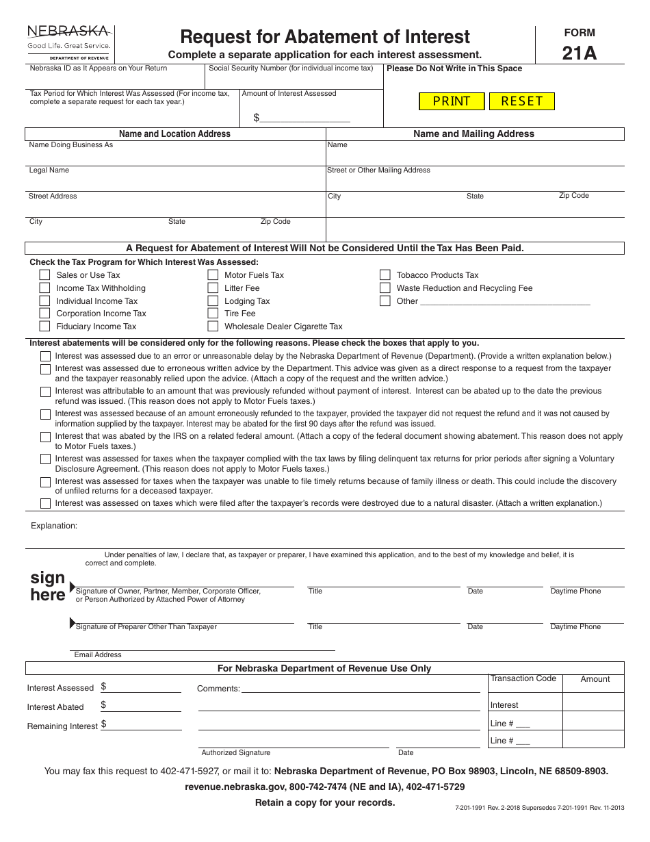 Form 21A Request for Abatement of Interest - Nebraska, Page 1
