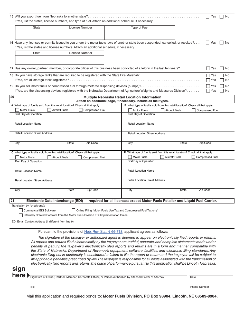 Form 20MF Nebraska Motor Fuels License Application - Nebraska, Page 2