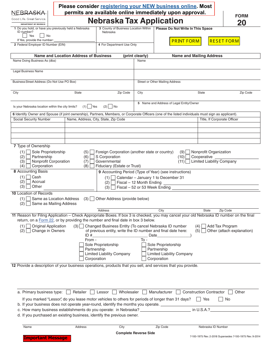 Form 20 - Fill Out, Sign Online and Download Fillable PDF, Nebraska ...